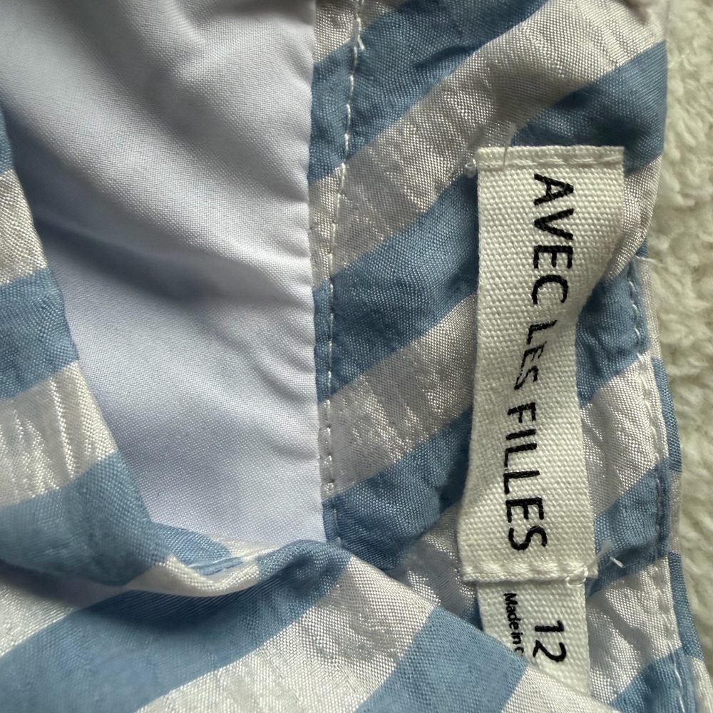 NWT Avec Les Filles Blue & White Striped High-Neck Ruffle Hem Mini Dress Size 12 - Picture 6 of 8